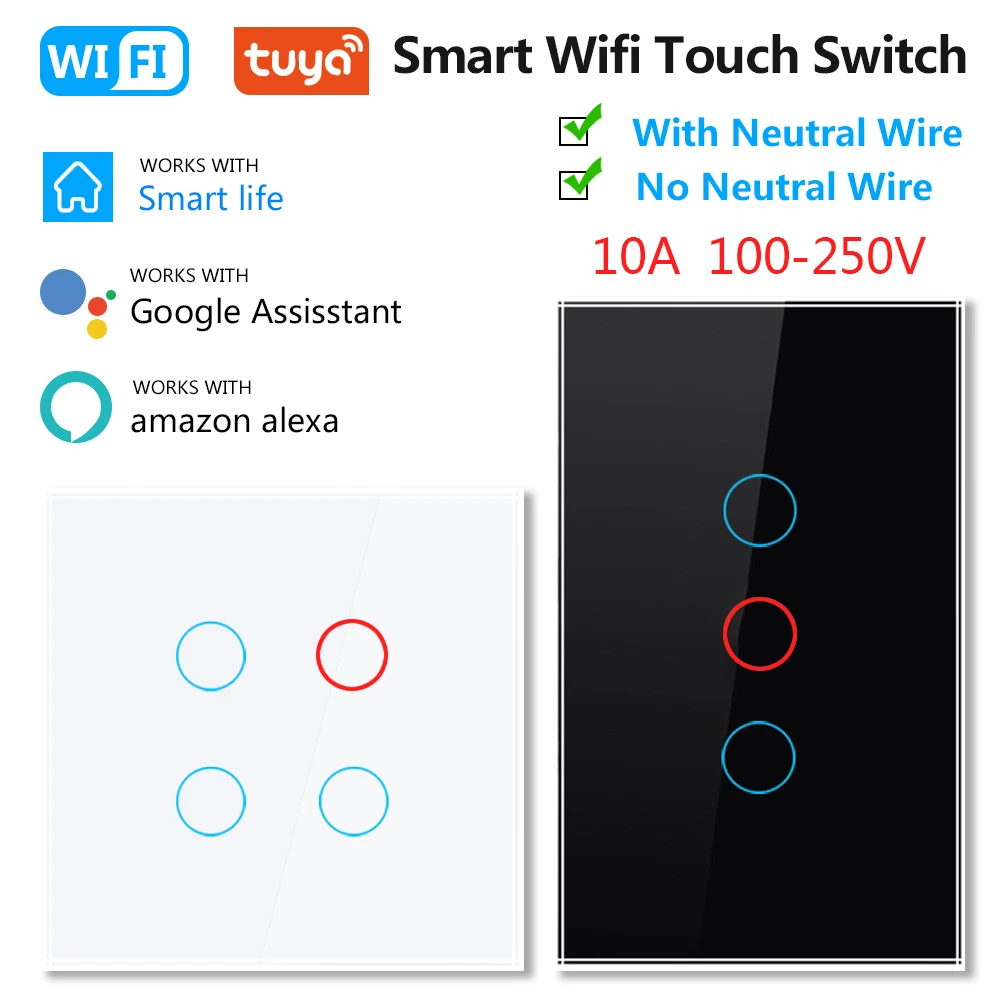 Умный сенсорный выключатель Tuya Wi-Fi без нейтрального провода ЕС США 1/2/3 клавиши