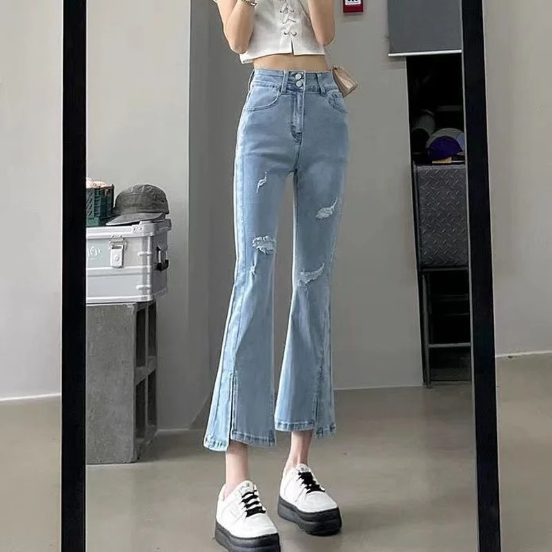 

Women Casual High Waist Slim Flared Jeans High Street Vintage Stretch Denim Cropped Pants Ladies Chic Skinny Jeans