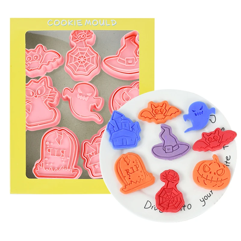 

8pcs Halloween Cookie Mold Cutters Fondant Tool Ghost Skull Pumpkin Pressable Biscuit Stamp Mould Party Home DIY Baking Supplies