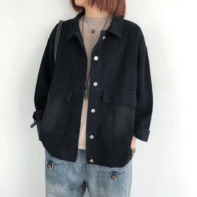 

Женская джинсовая куртка, свободный черный топ в Корейском стиле ретро, универсальный кардиган с отложным воротником и длинными рукавами, весна-осень 2023