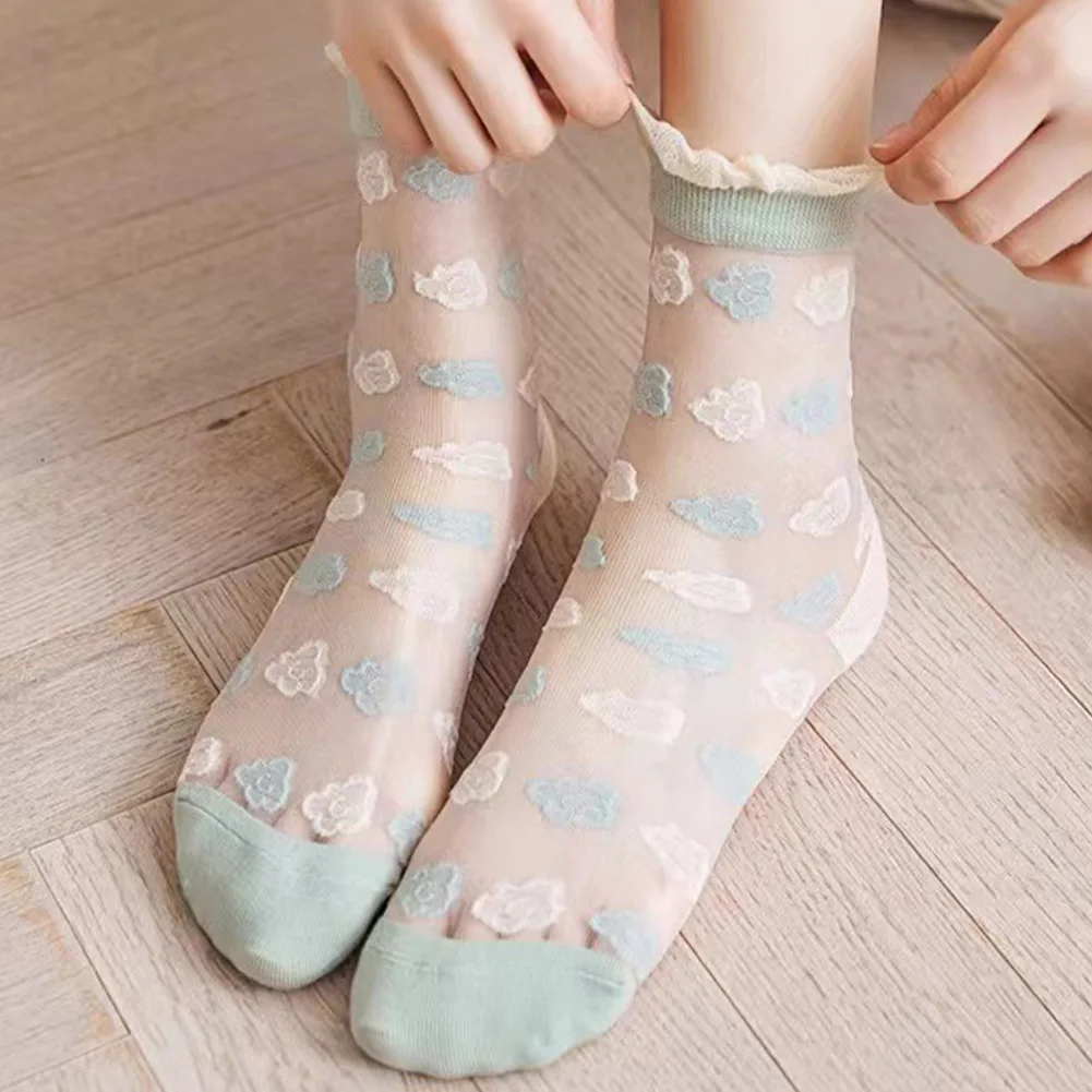 

1 Pair Water Blue Series Transparency Socks Spring And Summer Thin Socks Cute Sweet Heart Printing Middle Tube Socks For Women