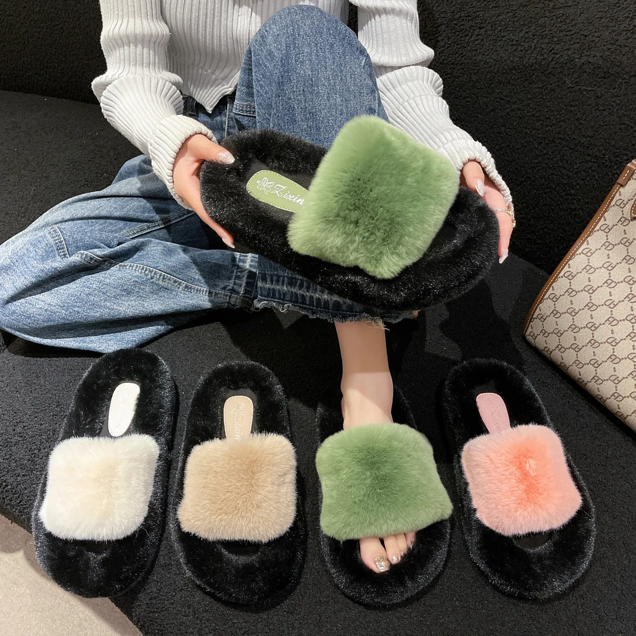 

Женские шерстяные тапочки, новинка 2023, простая модная домашняя теплая осенне-зимняя повседневная обувь на плоской подошве