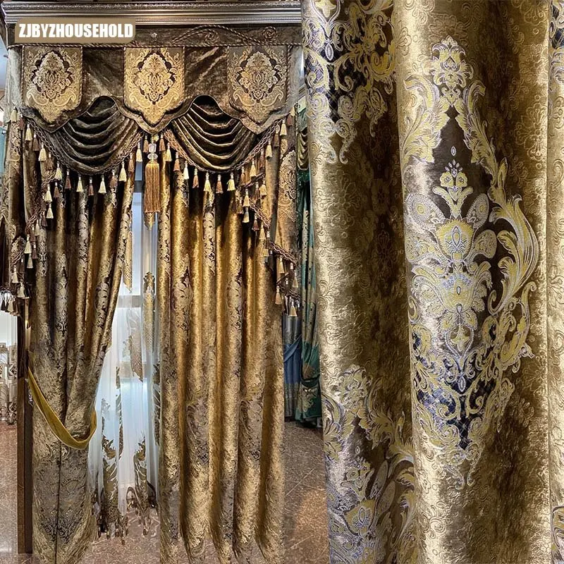 

Curtains for Living Dining Room Bedroom European Palace Luxury Velvet High Shading Carved Gold Curry Villa Windows Valance