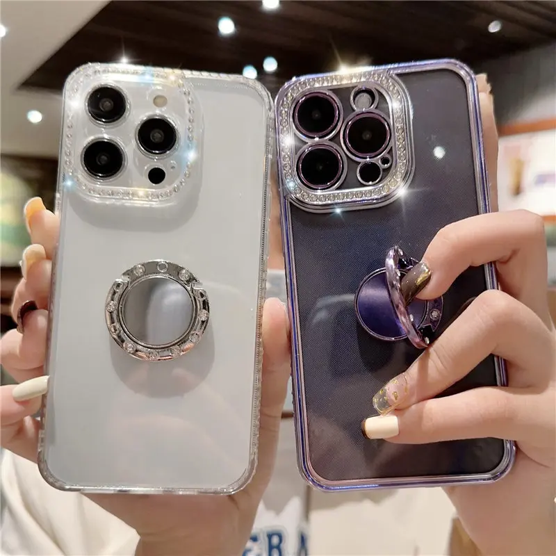 

Glitter Ring Holder Clear Phone Case For IPhone 14 13 12 11 Pro Max XS Max XR 13Pro 14 Plus Shockproof Bumper Plating Soft Cover