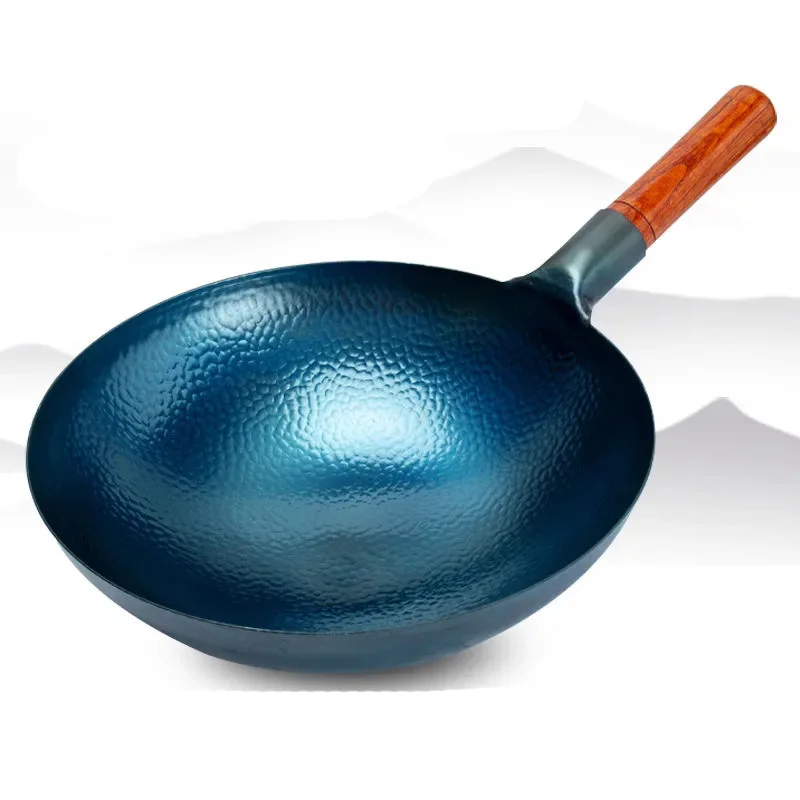 

Traditional Handmade Iron Wok Real Hammer Wok Traditional Carbon Steel Pow Wok with Wooden and Steel Helper Handle, Round Bottom
