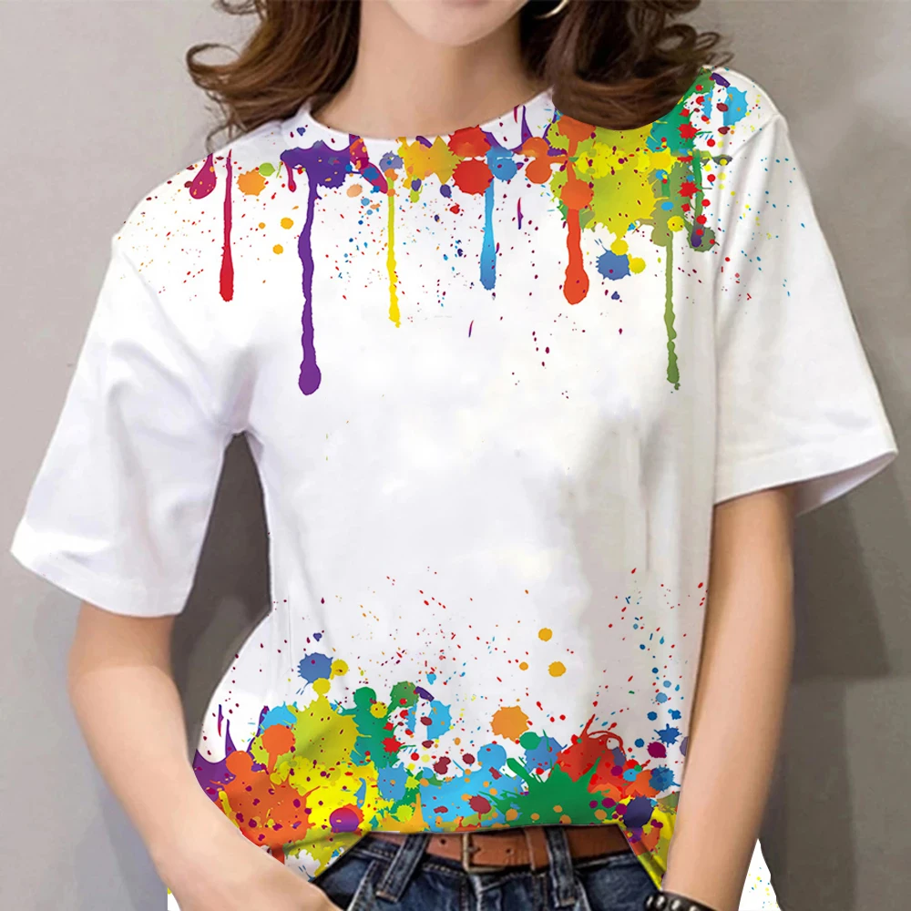 

2022 New Harajuku ink paint - women's 3D printed T-shirt, round neck casual wear, short sleeve shirt, women's white T-shirt