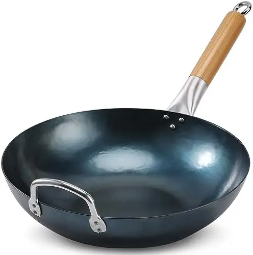 

Bottom Wok Pan - 13.5" Pre-Seasoned Carbon Steel Wok No Chemical Coating Traditional Hand Hammered Woks & Stir-Fry Pans Metal b