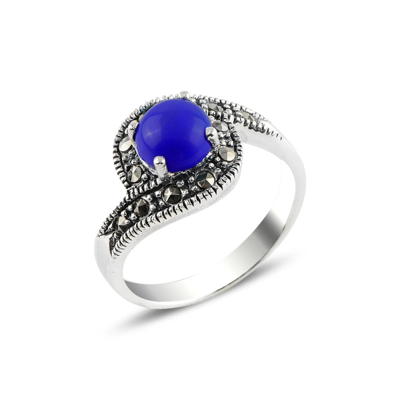 

Silver 925 Sterling Lapis Lazuli & Marcasite Ring