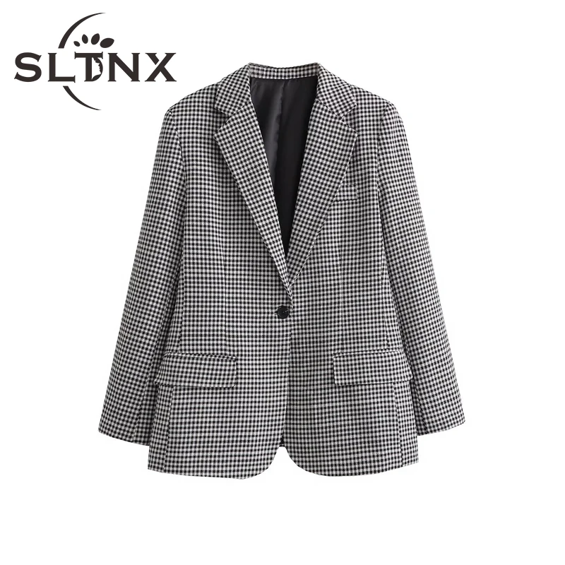 

SLTNX Women Fashion Plaid Blazers Female Long Sleeve Notched Collar Blazers Coats Ladies Chic Elegant Loose Casual Blazer
