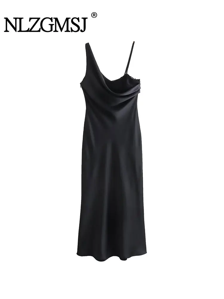 

Nlzgmsj TRAF 2024 женские кружевные лоскутные атласные платья миди без рукавов винтажные весенние Осенние повседневные элегантные облегающие платья