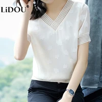 summer new elegant fashion hollow out v neck short sleeve chiffon shirt office lady loose all match pullover blouse top women