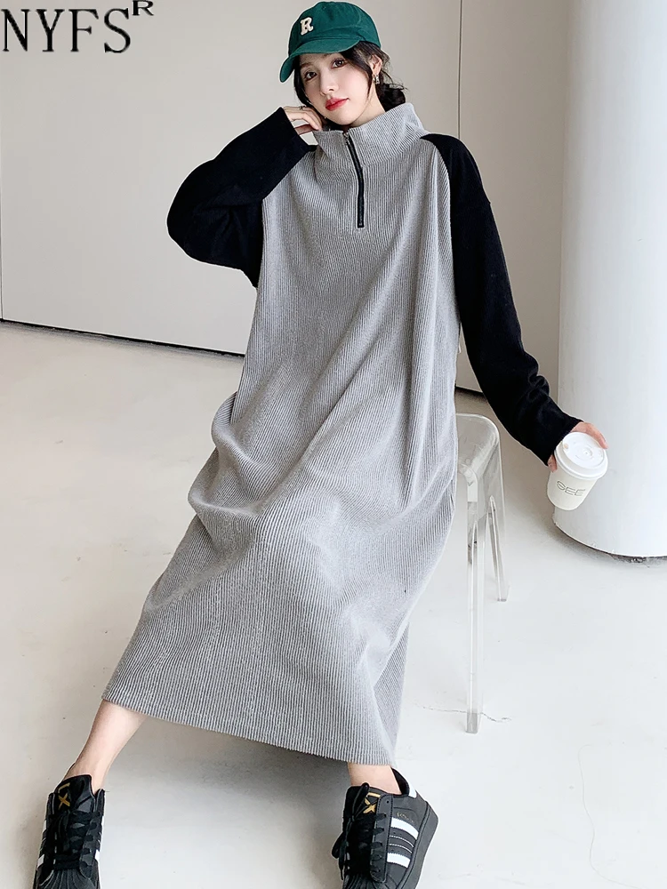 

Женское длинное платье с воротником-стойкой, свободное платье составного кроя в Корейском стиле, осень 2023