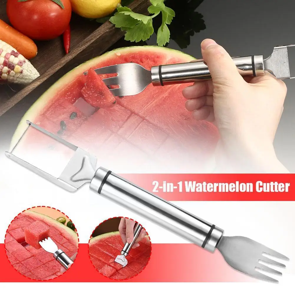 

2-in-1 Watermelon Cutter Stainless Steel Watermelon Tableware Lightweight Cutting Dicer Portable Knife Fruit Melon Knife T7J2