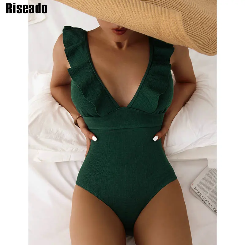 

Riseado Ribbed One Piece Swimsuits Ruffle Swimwear Women 2022 Sexy V-neck Monokini Solid Bodysuits Lace Up Bathing Suits Women