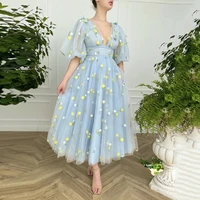 v neck half puff sleeves blue tulle midi prom dresses flower lace prom gowns tea length wedding party dresses 2022 homecoming