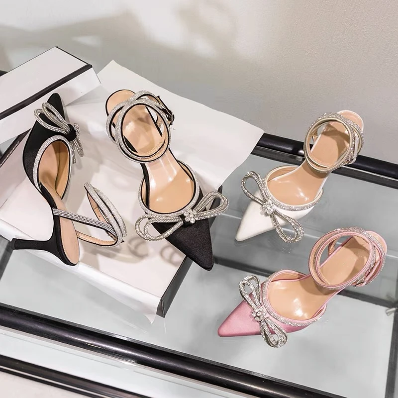 2023 Summer New Pointed Heels Rhinestone Bow Sandals Roman Straps Shoes for women's Fashion Sequin Shoes