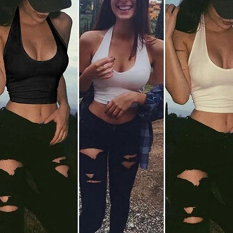 

Женский укороченный топ с лямкой на шее, без рукавов, с глубоким вырезом и круглым вырезом, однотонная майка на бретелях, жилет с открытой сп...