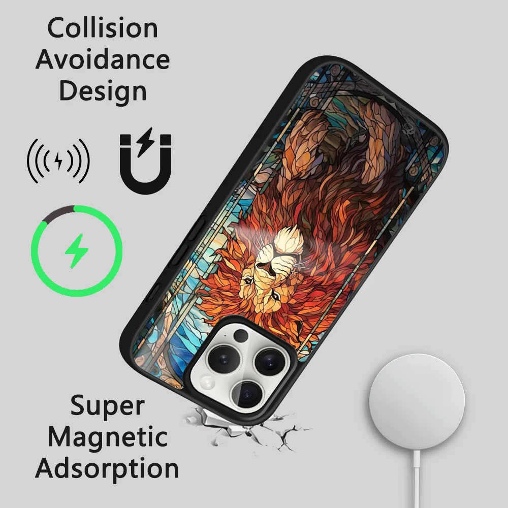Art Lion Tiger Animal Phone Case For iPhone 16 15 14 13 12 11 Pro Max Plus Mini Magsafe Mirror Wireless Magnetic Funda