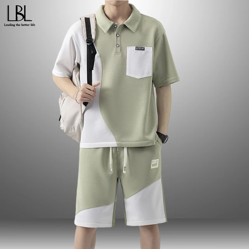 

Trendy Polo Shirt Men's Summer Patchwork T-shirt Sets Loose Short Sleeve Tees + Breathable Shorts Two-piece Streetwear Tracksuit