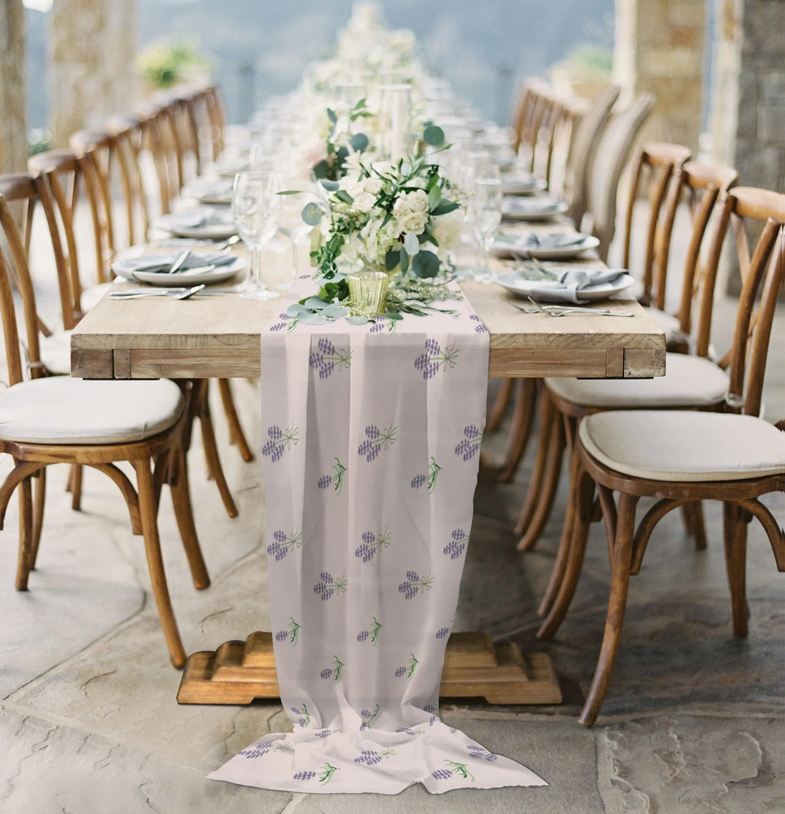

Lavender Hand Painted Simple Flower Sheer Chiffon Table Runner Wedding Party Birthday Luxury Voile Tablecloth Home Decoration