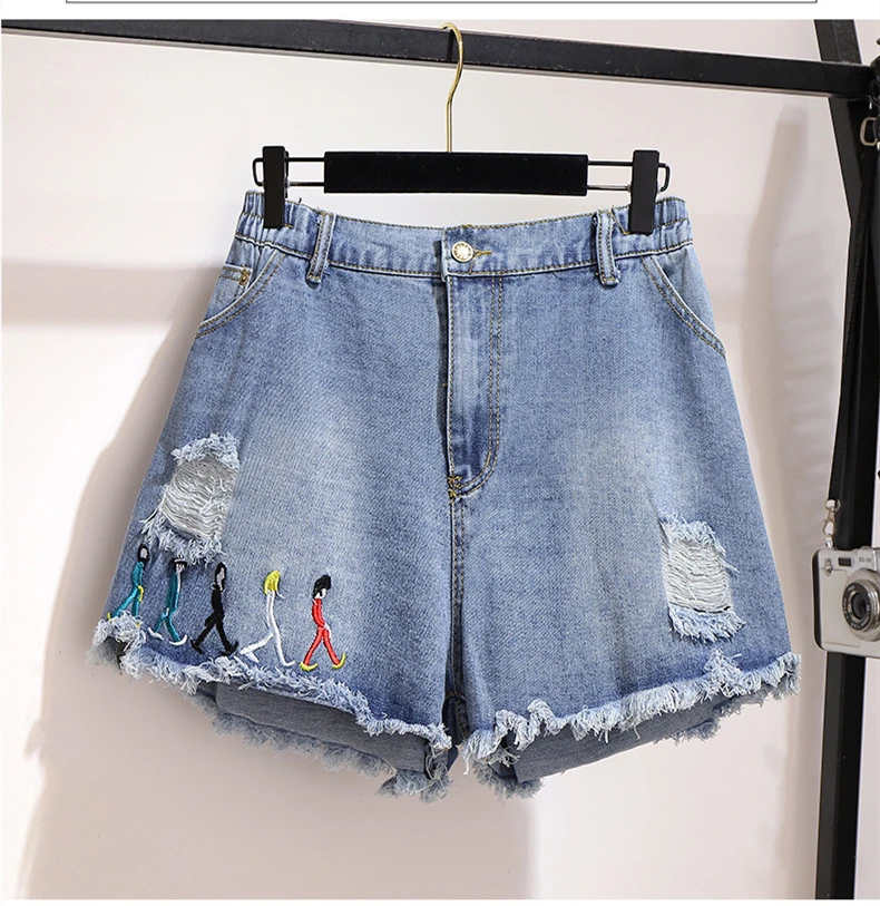 Ripped Jeans Summer Streetwear Elastic Waist Loose Short Denim Pants Mid Waisted Casual Shorts Jeans Large Size 4XL 5XL 6XL