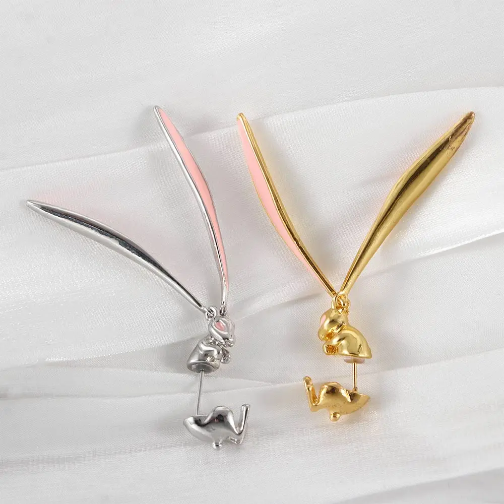 Fashion Lovely Shiny Rhinestone Pink Long Rabbit Ear Glaze Metal Design Drop Earrings for Women Girls Party Gift | Украшения и