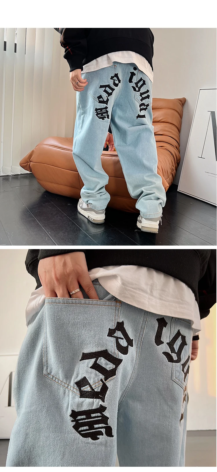 American Hip Hop Skateboards Jeans Streetwear Letter Embroidery Straight Denim Trousers Men Clothing Harajuku Casual Cargo Pants