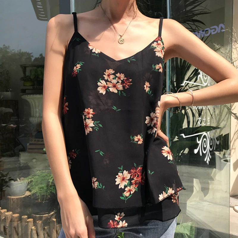 

Korean Fashion Chiffon Women Camis Streetwear Sexy Tops Sleeveless Black Female Tank Tops Pink Shirt Spaghetti Strap Tank Top