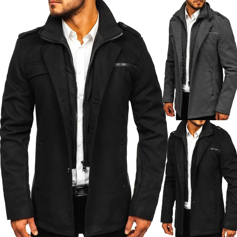 

Men's Fashion Long Wool Thickening Warm Padded Trench Coat Fake Two Piece Hooded Woolen Long Jacket Wind Coat