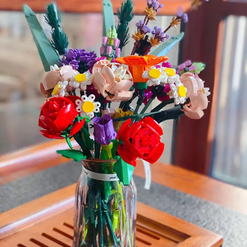 

New Cute Romantic Rose Flower Bouquet Garden House Plant Assembly Building Blocks Classic Model Bricks Sets Kids Kit
