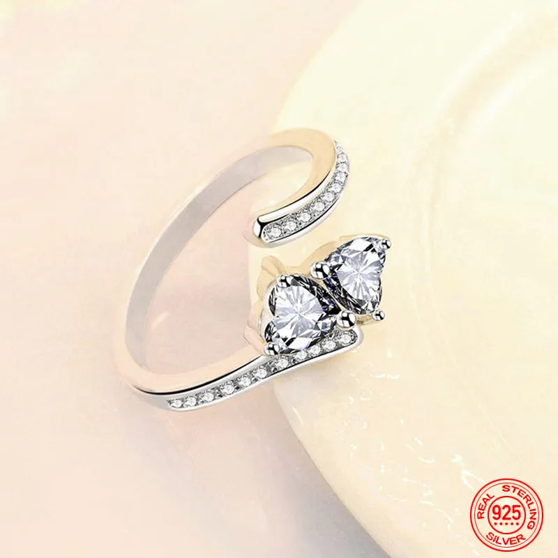 Женское регулируемое кольцо из серебра 925 пробы с двойным сердцем