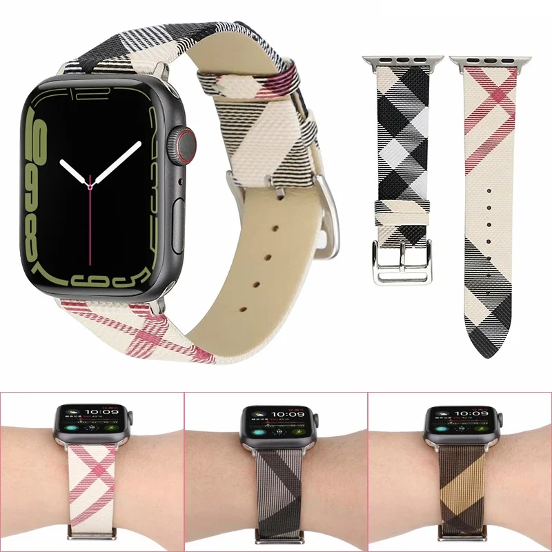 Genuine Leather Strap for Apple Watch band 44mm 40mm 38mm 42mm Plaid Bracelet Smart belt correa apple watch 6/5/4/3/SE Wristband