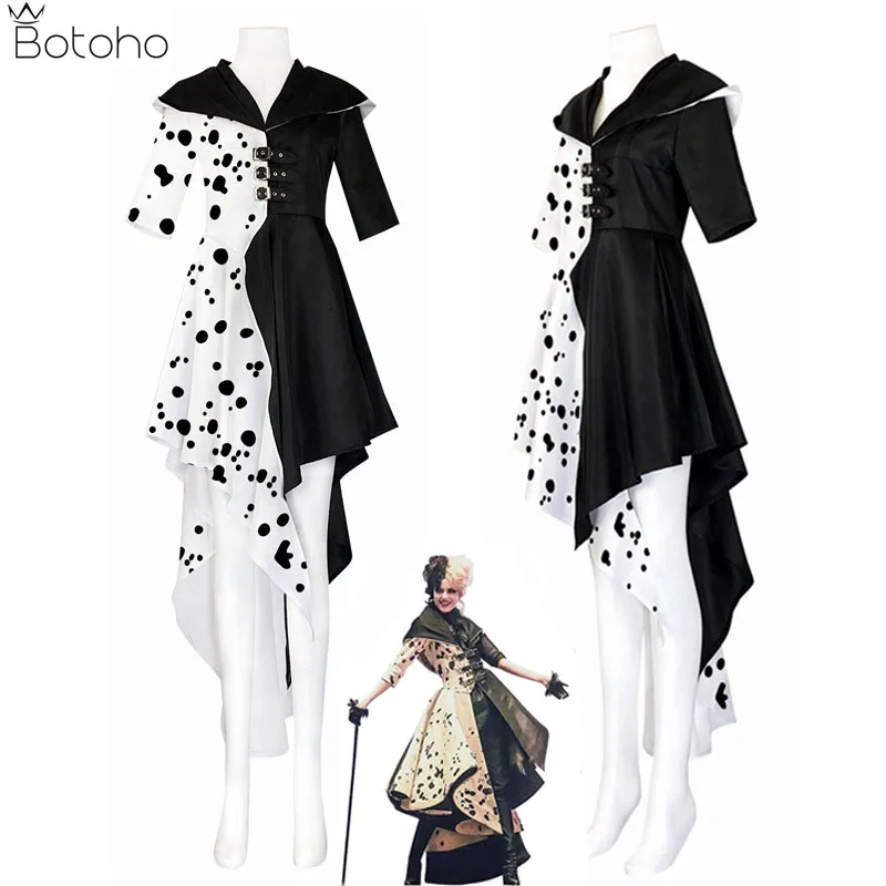 

Movie 101 Dalmatians Black White Witch Cruella De Vil Cosplay Costume Women Hooded Contrast Color Dresses Coat Halloween Outfit