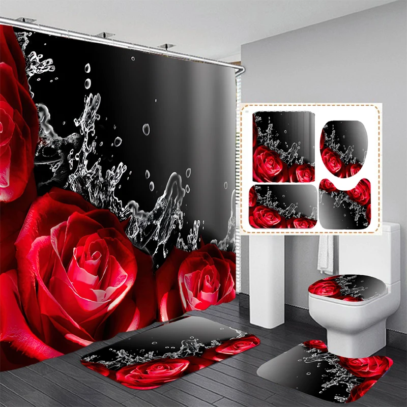 

Rose Flowers Durable Shower Curtain Set Waterproof Polyester Washable Non-Slip Mat Rugs Carpet Toilet Seat Cover Bathroom Decor
