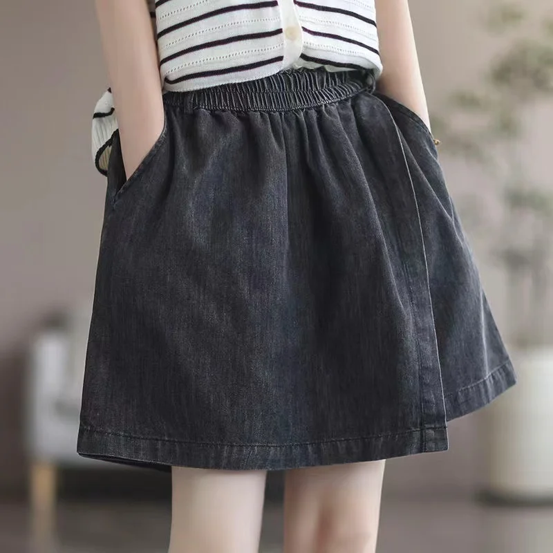 Women's Shorts Skirts Fake Two-piece 2023 Summer Elastic High Waisted Denim Shorts Loose Korean Large Size Skirts Black Shorts