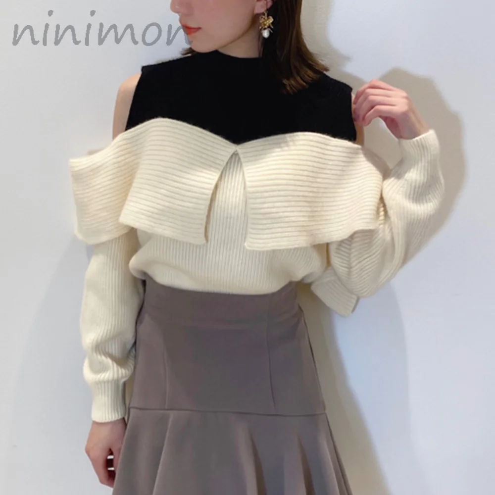 

NINIMON Clashing Colours Patchwork Knitted Pullover Cut-out Shoulders Women Sweater Elegant Knit Sweater Tops Vintage Sweet