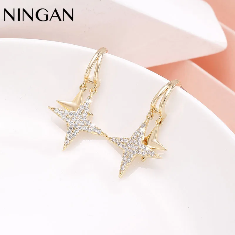

NINGAN Twinkle Stars Stud Earring Fashion Women Jewelry Dazzling Zircon Gold Drop Earrings Original Design Friend Gift