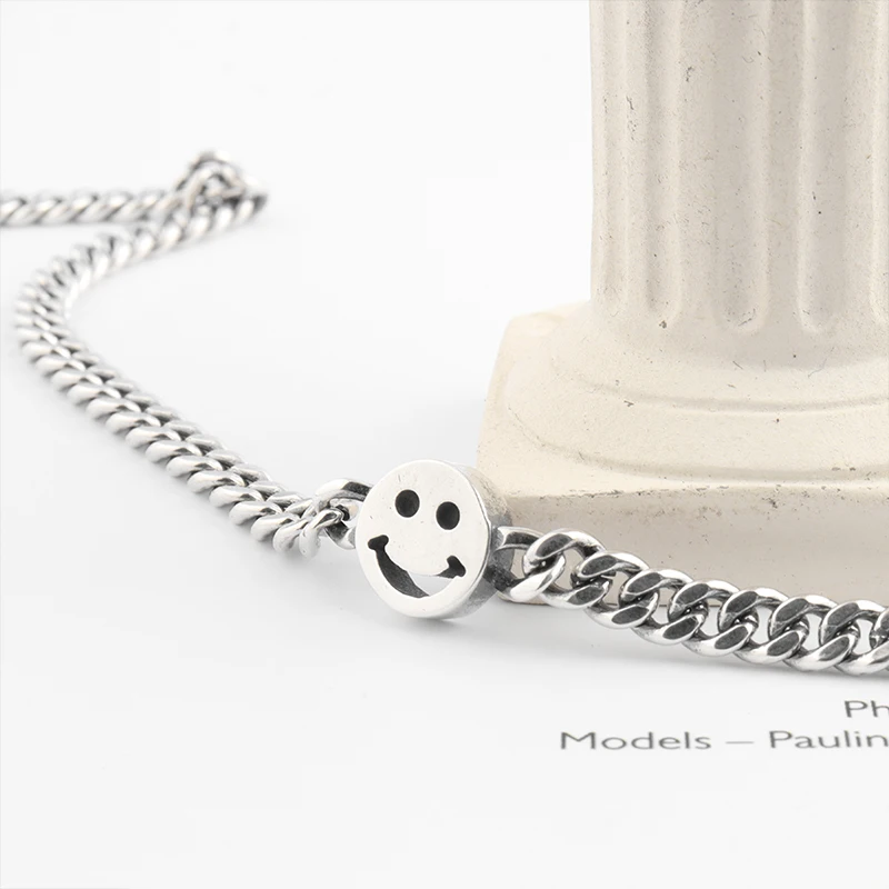 South korea Dongdaemun S925 Sterling Silver Smiley Face Necklace Women Thick Summer Choker Twin Personalized Tank Chain New S...