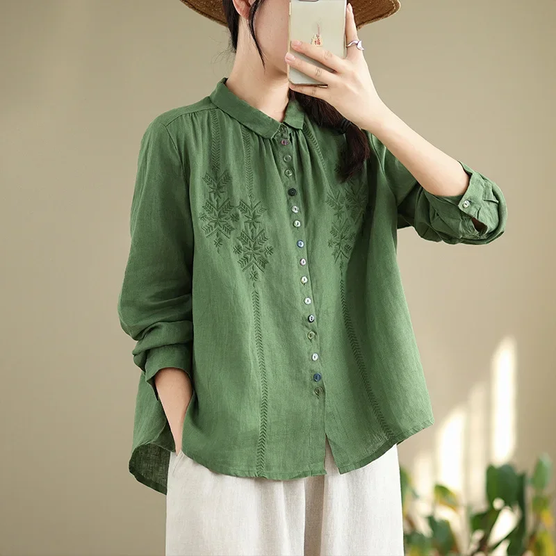 Стильная утягивающая рубашка с длинными рукавами и вышивкой женская свободная