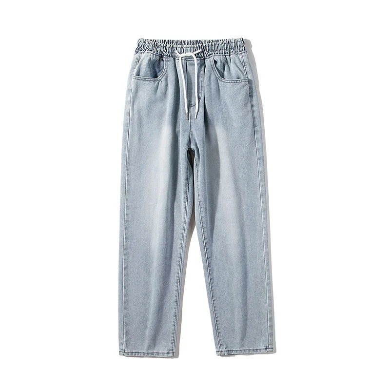 Summer Blue/Black Jeans Men Fashion Drawstring Casual Straight Jeans Men Streetwear Hip Hop Loose Denim Pants Mens Trousers