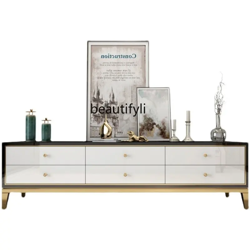 

lt Simple and Light Luxury TV Cabinet and Tea Table Small Apartment Living Room Tempered Glass Surface Black and White Floor