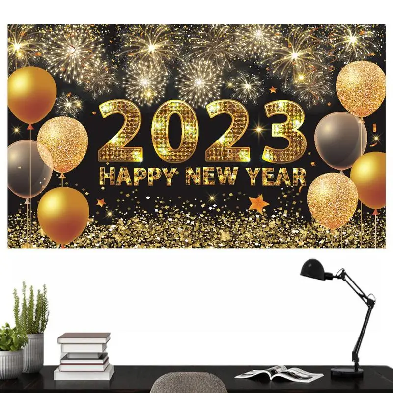 

Новогодний баннер с надписью "Happy New Year украшения для баннеров", новогодние украшения с черными и золотыми шарами, фейерверк, новогодний баннер
