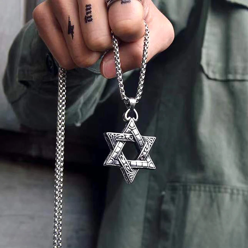 2022 New Vintage Hexagram Pendant Necklace Men Fashion Stainless Steel Box Chain Necklace For Men Jewelry Gift