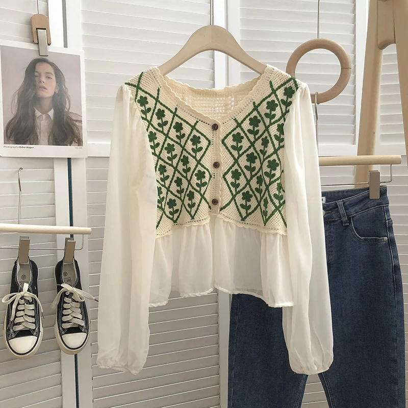 

Винтажная вязаная женская блузка на весну и лето, корейская модная шифоновая рубашка в стиле пэчворк, имитация двух предметов, Ажурные топы