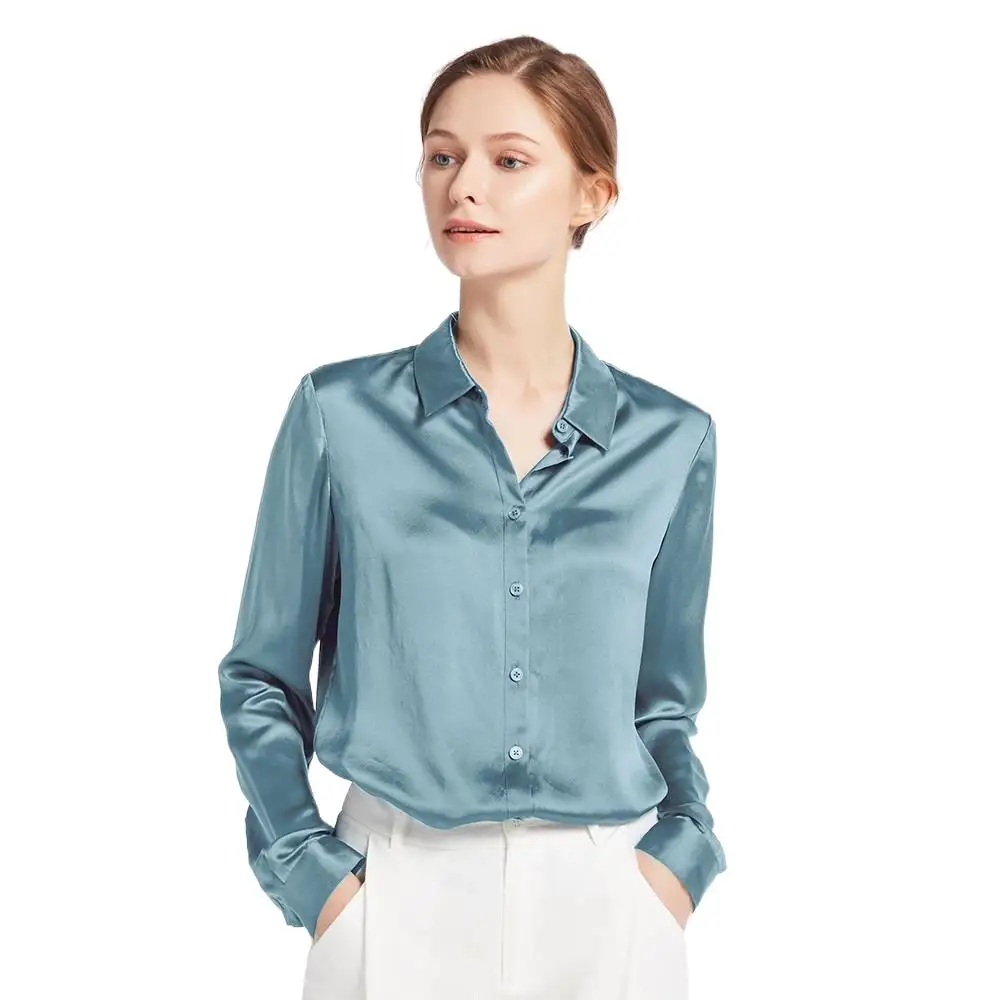 

22mm 100% Real Silk Shirts Blouse Elegant Basic Pure Natural Charmeuse Silk Chinese Long Sleeves Glossy business Women