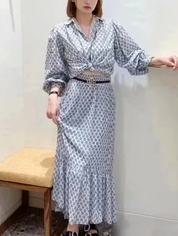 

2023 Summer New Ladies Turn Down Collar Long Sleeve Single Breasted Blouse or Elastic Waist Skirt Women Simple Logo Printed Set