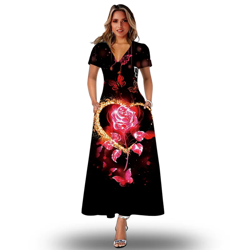 

Summer Dress Women Vintage Casual Beach Holiday Short Sleeve V Neck Rose Heart Print Maxi Dress Elegant Party Dresses Vestidos
