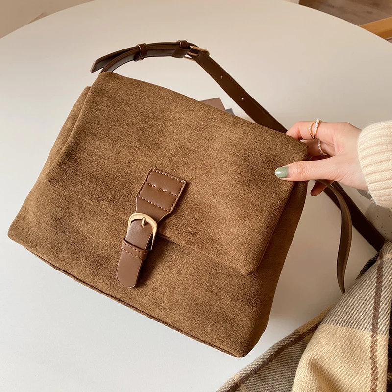 

Retro Faux Suede Women's Shoulder Bag Portable Simple Ladies Large Tote Messenger Bags Solid Color Purse Female Book Handbags