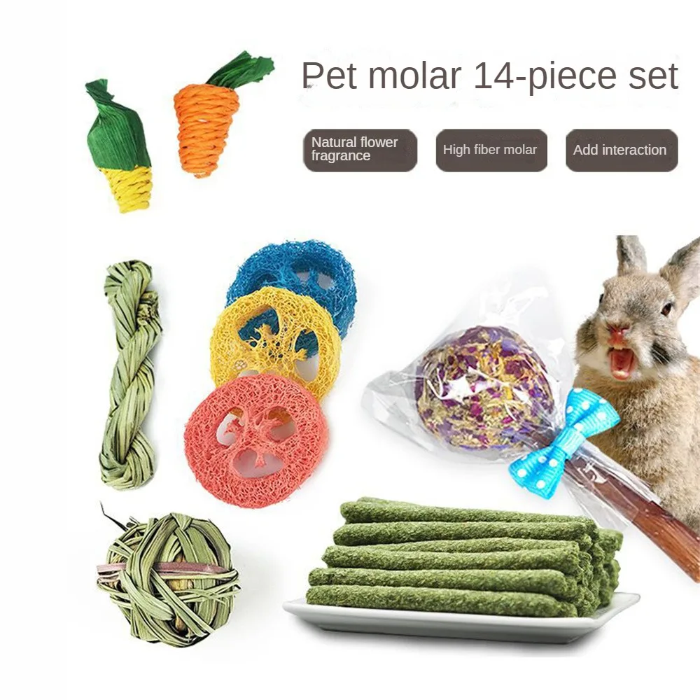 

14pcs/set Bunny Chew Toys Natural Grass Chew Sticks for Hamster Teeth Grinding Rabbits Chinchilla Guinea Pigs Molar Toys Kits