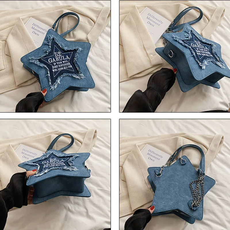Creative Pentagram Backpack Women New Embroidered Letter Backpack Fashion Denim Shoulder Bags Commuter Storage Satchel Versatile